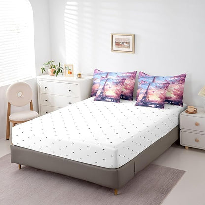 Feelyou Eiffel Tower Comforter Set with Sheets King Size Paris 7 Piece Bedding Set for Adult Boys Girls Teens Pink Flower and Butterfly Bed in a Bag Romantic Bed Set