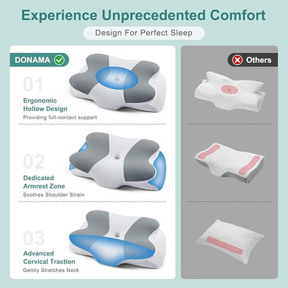 DONAMA Cervical Neck Pillow- Ergonomic Pillows for Pain Relief, Contour Memory Foam Pillow for Side/Back/Stomach Sleepers, CertiPUR-US Certified with Cooling Ice Silk Pillowcase