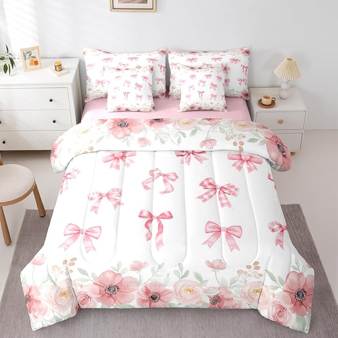 Erosebridal Kawaii Pink Bowknot Bed in A Bag | Flower Bow Decorations Bedding Set for Girls Preppy Coquette Bows Comforter Sets with Sheets, 7 Pieces Romance Bed Set Bedroom Decor (Full)