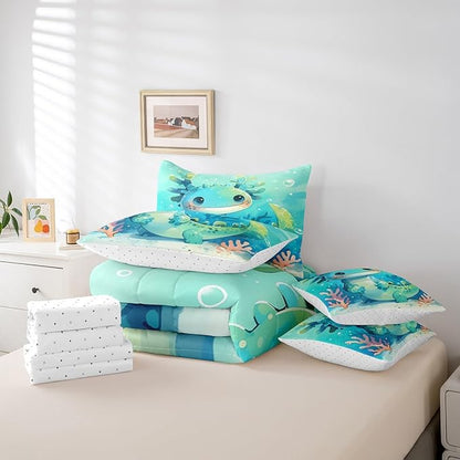 Feelyou Cute Axolotl 7 Piece Bedding Set Full Size Cute Blue Teal Axolotl for Kids Boys Girls Teens Toddler Ocean Animal Bed in a Bag Comforter Set with Sheets Cartoon Bed Set