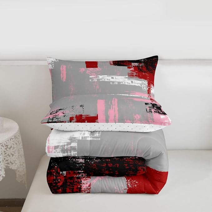 Feelyou Abstract Bedding Set Kids Modern Abstract Art Comforter Set Red Grey Pink Black Comforter for Boys Room Decor Lightweight Retro Duvet Set Full Size with 2 Pillow Case