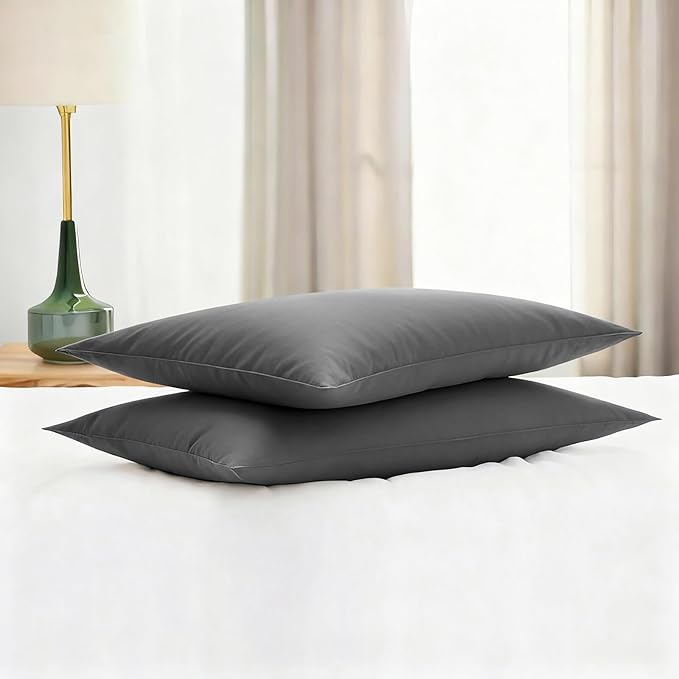 Flat Ultra Thin Bed Pillows Standard Size Pillow Set of 2 Extra Soft Down Alternative for Stomach Side Back Sleeper Dark Grey 20x26inches
