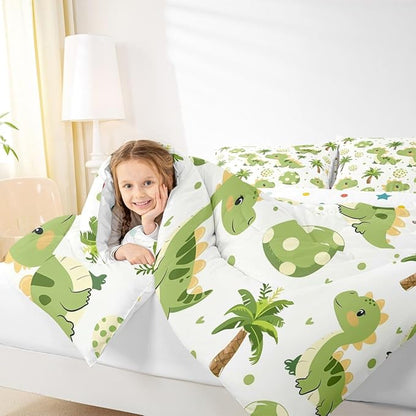 jejeloiu Cute Dinosaur Comforter Set All Season Cartoon Green Dinosaur Bedding Set with 1 Pillow Cases Animal Egg Microfiber Kids Twin Bedclothes Coconut Tree Bedroom Decor Duvet Quilt Soft