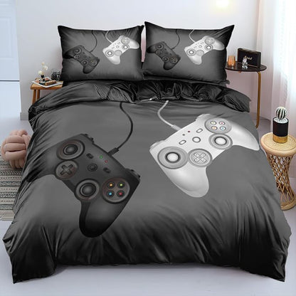 Full Size Duvet Cover Set with Pillowcases, Gamer Bedroom Bedding Set – Gray Color Gamepad Print – Perfect for Boys & Girls – Creates Fun & Energetic Ambience