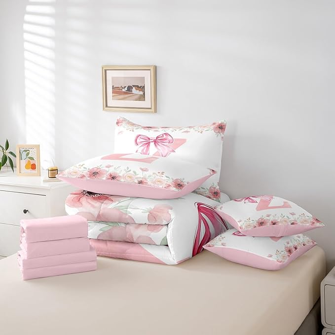 Erosebridal Initial Z Bed in A Bag Queen,Cute Pink Bow Bedding Sets, Spring Flower Floral Comforter Set with Sheets for Girls, Dreamy Princess Style Bed Set Bedroom Decor 7 Pieces
