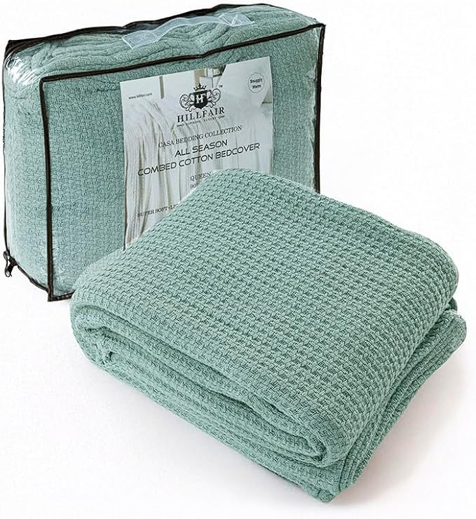 HILLFAIR 100% Combed Cotton Blanket– California King Size Bed Blankets– Warm Soft All Season Breathable Blankets– Extra Large Oversized California King Blanket- Sage Cotton Bed Blankets