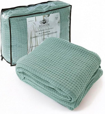HILLFAIR 100% Combed Cotton Blanket– Queen Bed Blanket– Soft Cozy Warm Multipurpose Throws for Luxury Home Decor– 90 x 90 inch Queen Size Cotton Blankets for Beds- Bed Blankets for All Season- Sage