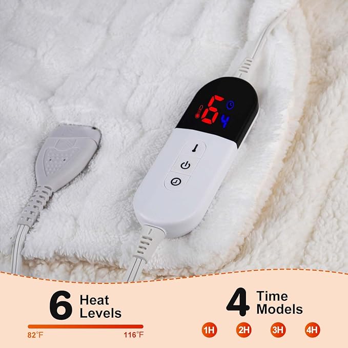 Electric Blanket, Heated Blanket with 6 Heat Levels & 10 Hours Auto Off, Soft Checked Flannel Fast Heating Blanket with ETL & FCC Certification (White, 62"X84")