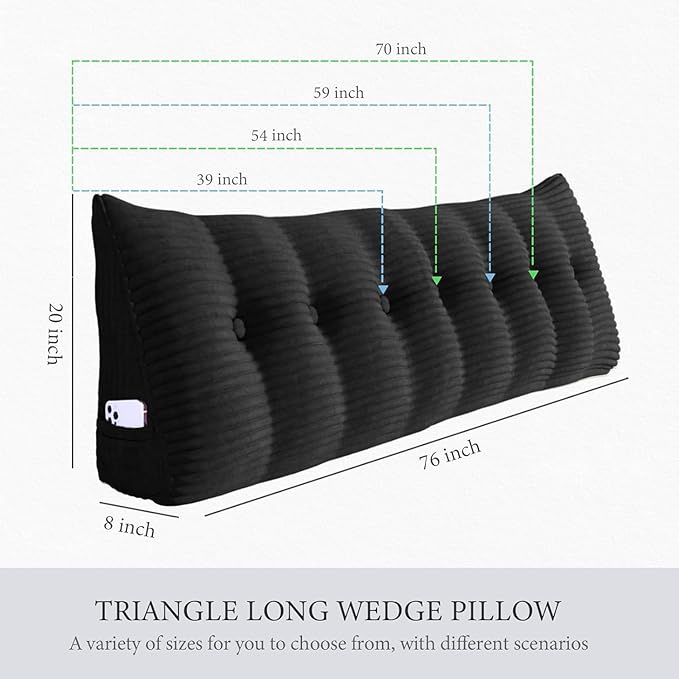 Wedge Headboard Pillow Dorm Room Reading Pillow Back Support for Sitting Up in Bed Bolster Lumbar Cushion Body Positioning Bedrest Corduroy (Black, Full (54 * 8 * 20in))