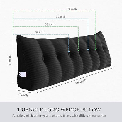 Wedge Headboard Pillow Dorm Room Reading Pillow Back Support for Sitting Up in Bed Bolster Lumbar Cushion Body Positioning Bedrest Corduroy (Black, Twin (39 * 8 * 20in))