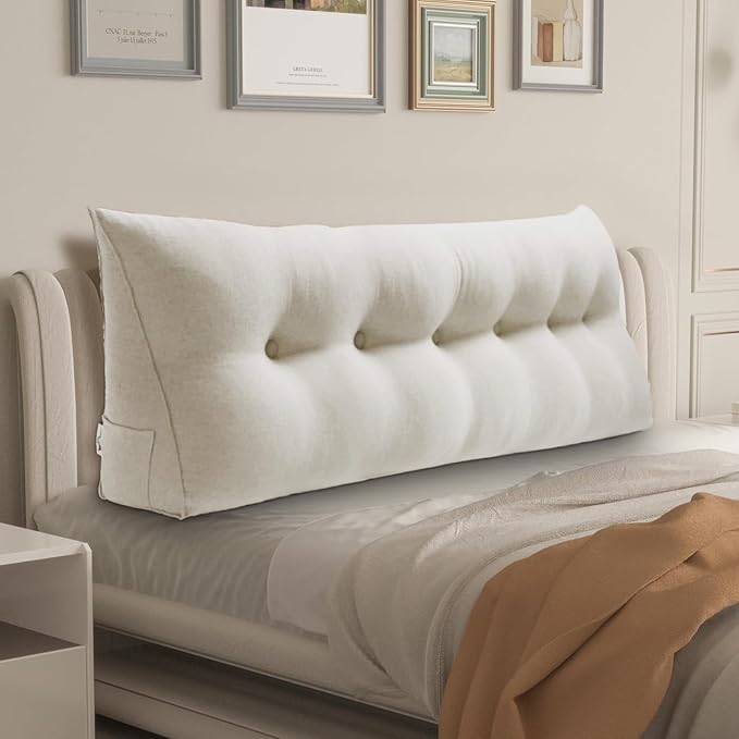 WOWMAX Headboard Pillow Triangular Bed Wedge Pillow for Headboard Large Bolster Pillow for Bed with Removable Cover, 85% Linen 15% Cotton Blend, Pure White