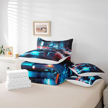 Feelyou City Racing Car 7 Piece Bedding Set King Size for Kids Boys Extreme Sport Games Comforter Set with Sheets Teens Toddler Fast and Furious Bed in a Bag Cool Modern Bed Set