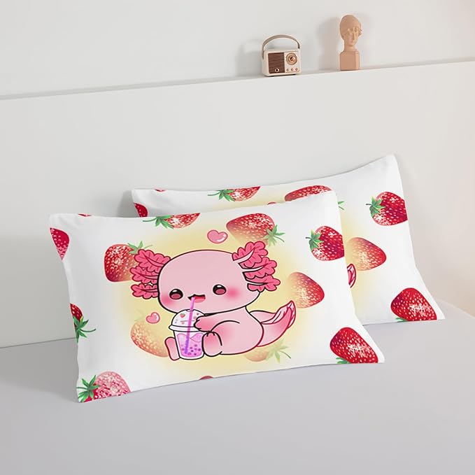 HOSIMA Pink Kawaii Axolotl Bedding Comforter Set for Kids,Cartoon Strawberry Milk Tea Print Comforter Set Bedroom Decoration Twin Size for Children Girl with 2 Pillowcases.