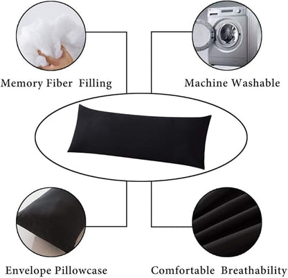 ELNIDO QUEEN Body Pillow with Pillowcase - Soft Long Bed Pillow for Adults - Breathable Full Body Pillow Insert for Sleeping, 20x54inches, Black