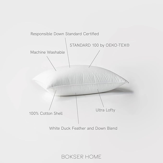 Bokser Home White Duck Feather & Down Bed Pillows – Queen Size (U.S. Standard), 2 Pack, Soft Support, Luxury Hotel-Style Sleeping Pillows