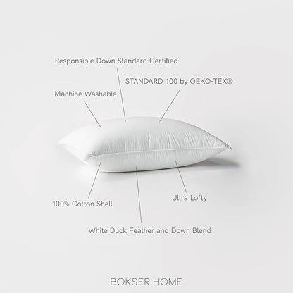 Bokser Home White Duck Feather & Down Bed Pillows – King Size (U.S. Standard), 2 Pack, Soft Support, Luxury Hotel-Style Sleeping Pillows