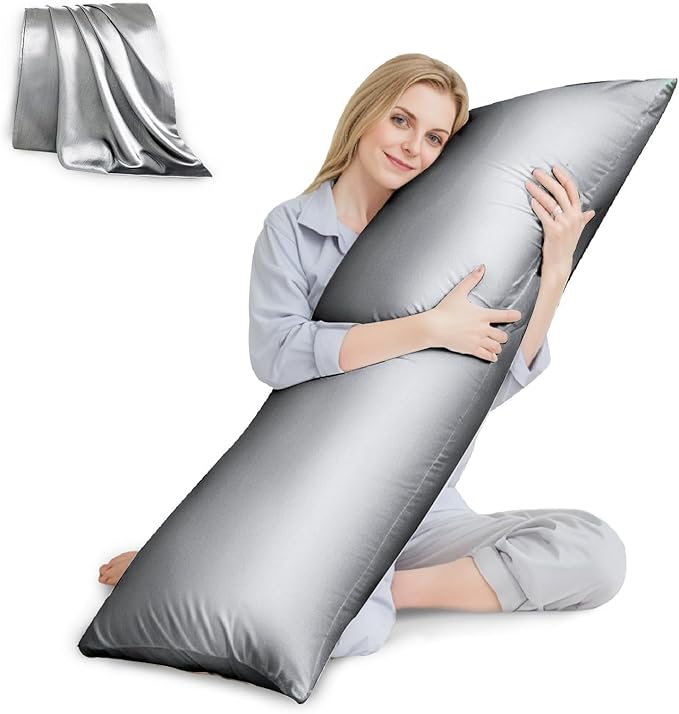 HUXMEYSON Body Pillow with Satin Pillowcase, Body Pillow for Adults, Removable Cover, Silver Grey (20"x54")