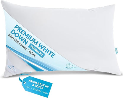 Luxury Duck Down Pillow - White Duck Down Pillow with 600 Fill Power, 400 Thread Count, 100% Cotton Cover - Medium Pillows for Sleeping and Support - King, 20"x36" (1 Pack)