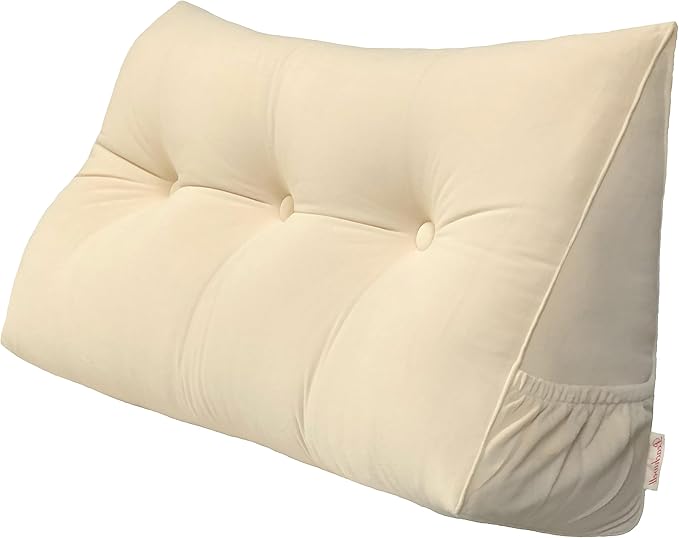 Triangular Reading Bed Rest Pillow Large Bolster Cushion Headboard Backrest Wedge Pillow with Removable Cover and Two Large Side Pockets (Beige, 47 x 8 x 20 inches)