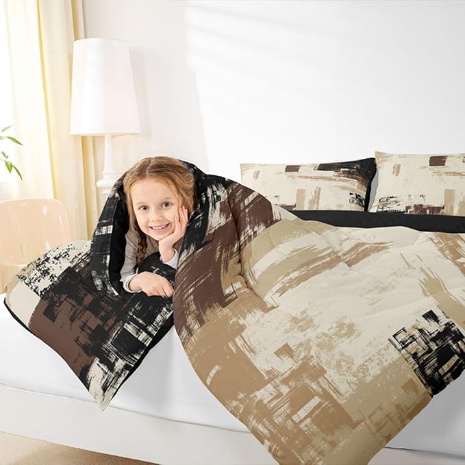 Feelyou Abstract Bedding Set Kids Modern Abstract Art Comforter Set Brown Grey Black Comforter for Boys Room Decor Lightweight Duvet Set King Size with 2 Pillow Case