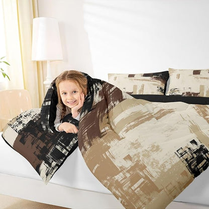 Feelyou Abstract Bedding Set Kids Modern Abstract Art Comforter Set Brown Grey Black Comforter for Boys Room Decor Lightweight Duvet Set Twin Size with 1 Pillow Case