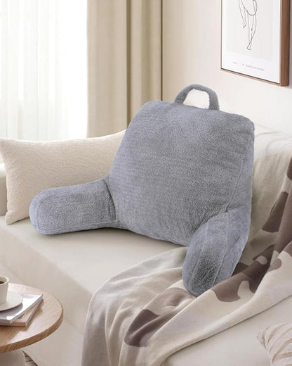 Blissful Diary Plush Velvet Reading Pillow for Kids/Teens/Adults, Back Rest Pillow for Sitting Up in Bed with Shredded Memory Foam, Includes Arms and Washable Cover, Light Gray