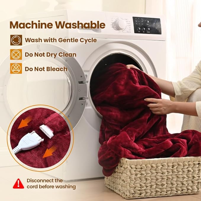 Bearhug Heated Electric Blanket - Flannel Electric Throw Heating Blanket with 6 Heat Settings Full Size 77×84 inches Red - Velvet,0.5-12H Auto Off, Over-Heat Protect, ETL, Machine Washable