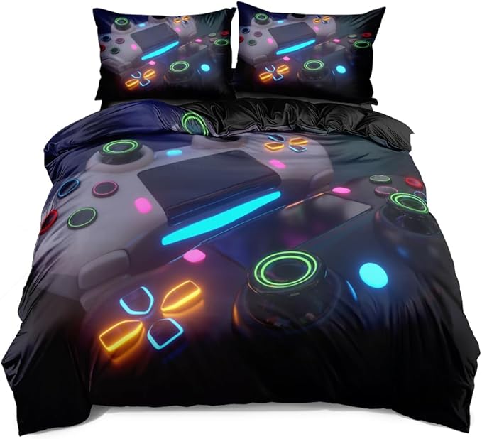 Queen Size Black Gaming Bedding Collection - Duvet Cover Set with Comforter Cover and Pillowcases, RGB Illuminated Controller Design for Teen Gamers Bedroom, Themed Bed Set Decor