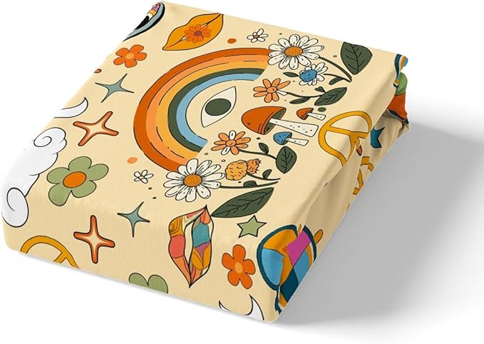 Castle Fairy Retro 70s Hippie Style Duvet Cover Set King Size,Mushroom Comforter Cover with 2 Pillowcases Bedspread,Rainbow Floral Stars Moon Microfiber Quilt Cover for Adult Women,3pcs