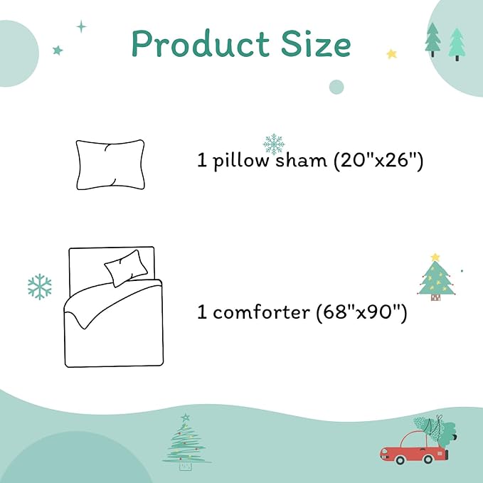 JSD Cars Kids Christmas Comforter Set Twin Size, 2 Piece Tree Printed Microfiber Holiday Winter Bedding Set