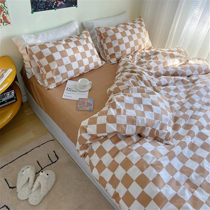 Wellboo Light Brown Plaid Comforter Sets Full Women Men Cream Coffee and White Checkerboard Grid Bedding Comforters Cotton Boys Girls Modern Light Taupe Checkered Geometric Quilts Luxury Abstract Bed