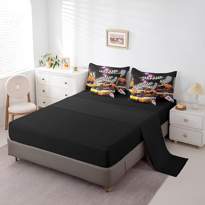 Feelyou Orange Racing Car 7 Piece Bedding Set Full Size Extreme Sport Comforter Set with Sheets for Kids Boys Girls Teens Toddler Fast and Furious Bed in a Bag Black White Flag Bed Set