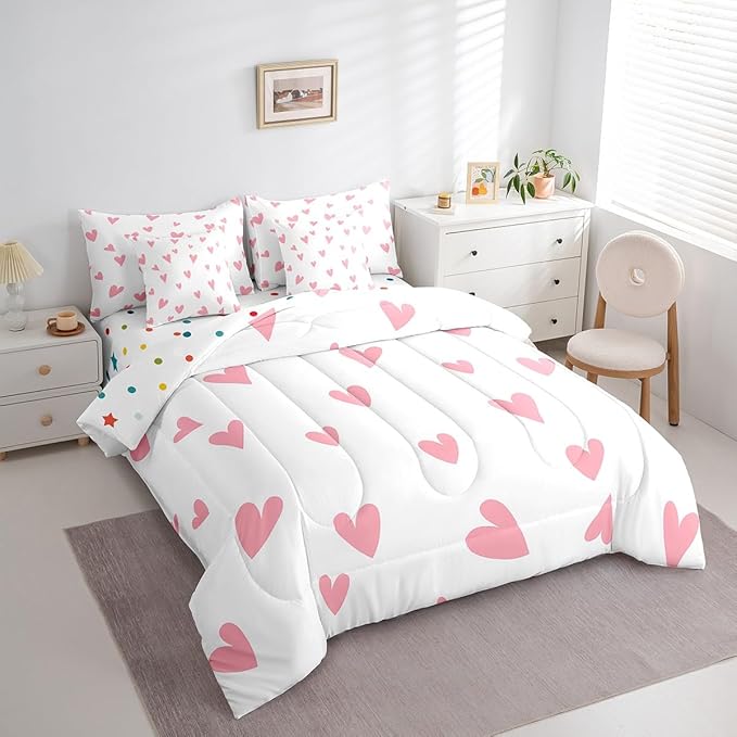 Feelyou Girls Cute Love Heart Comforter Set with Sheets 7 Piece Full Size Kids Lovely Warm Sweet Bed in a Bag Love Heart Pattern Bedding Set Breathable Valentine's Day Pink Bed Set Room Decor