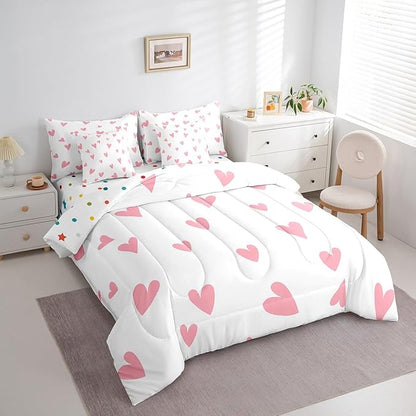 Feelyou Girls Cute Love Heart Comforter Set with Sheets 7 Piece Full Size Kids Lovely Warm Sweet Bed in a Bag Love Heart Pattern Bedding Set Breathable Valentine's Day Pink Bed Set Room Decor