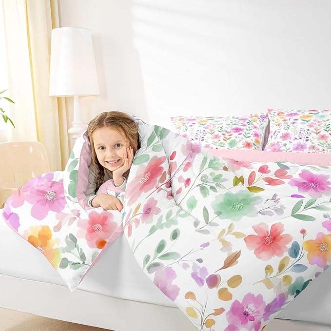 Erosebridal Cute Floral Twin Bedding Sets for Kids Girls,Purple and Pink Flower Comforter Set,Boho Chic Wildflower Bed Set,Colorful Flowers Farmhouse Room Decor,1 Pillowcase Ultra Soft
