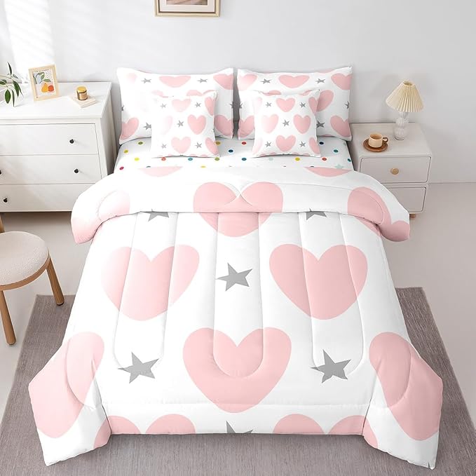 Feelyou Girls Cute Love Heart Comforter Set with Sheets 7 Piece Full Size Kids Lovely Warm Sweet Bed in a Bag Star Love Heart Pattern Bedding Set Breathable Romantic Pink Grey Bed Set Room Decor