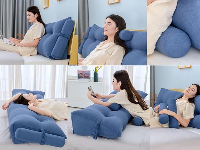 Triangular Reading Bed Rest Pillow Large Bolster Cushion Headboard Backrest Wedge Pillow with Two Detachable Roll Pillows for Neck & Lumbar Support (Teal Blue, Queen: 59 x 8 x 20 inches)