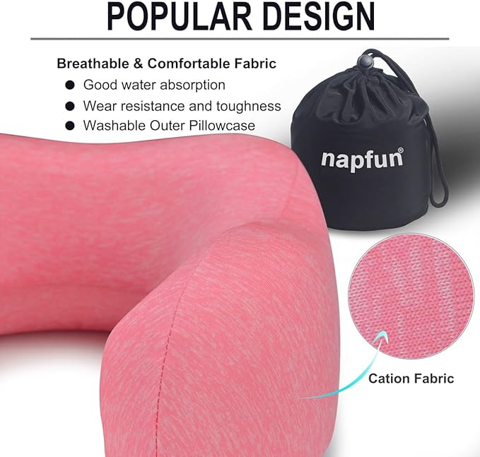 napfun Neck Pillow for Traveling, Upgraded Travel Neck Pillow for Airplane 100% Pure Memory Foam Travel Pillow for Flight Headrest Sleep, Portable Plane Accessories, Simple Sets (Optional), Full Rose