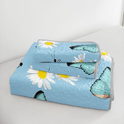 QOOMO Butterfly Quilt Set Full/Queen Size,Daisy Bedspread Coverlet Set,Butterflies 3Pcs Bedding Set Printed Quilt with 2 Pillowcases,Soft and Lightweight,for All Seasons