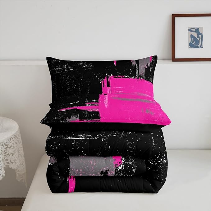 Feelyou Black Hot Pink Comforter Queen Size Geometric Comforter Set for Boys Girls Children Abstract Bedding Set Room Decor Modern Art Duvet Set 3Pcs