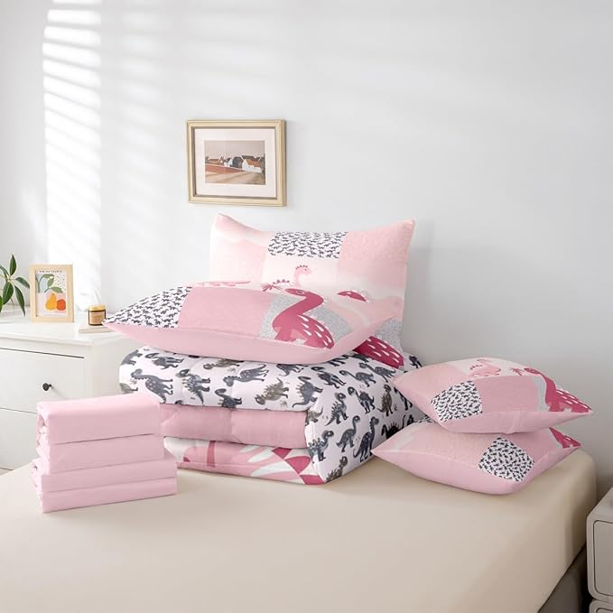 Feelyou Cute Dinosaur 7 Piece Bedding Set Pink Dinosaur Comforter Set with Sheets Full Size for Kids Boys Girls Geometric Pattern Bed in a Bag Animal Theme Bed Set Soft Lightweight
