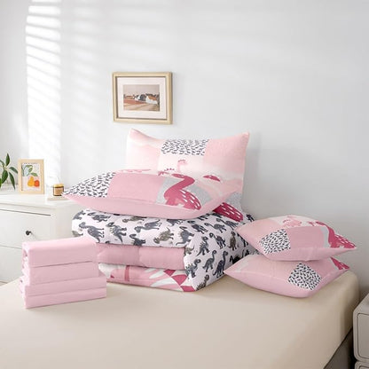 Feelyou Cute Dinosaur 7 Piece Bedding Set Pink Dinosaur Comforter Set with Sheets Full Size for Kids Boys Girls Geometric Pattern Bed in a Bag Animal Theme Bed Set Soft Lightweight