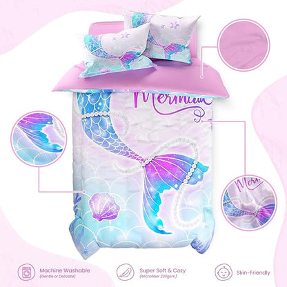 SANDJEST Mermaid Duvet Cover Sets Full Size for Kids Girls, Incude 1 Polyester Comforter Cover 80x90 Inches and 2 Pillowcases 20x26 Inches, Comforter Not Included, Gift for Christmas Birthday