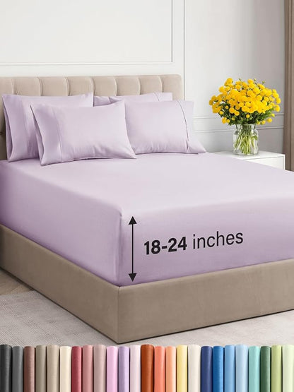Extra Deep Queen Sheet Set - 6 Piece Breathable and Cooling Sheets - Hotel Luxury Bed Sheets Set - Easy Fit - Soft, Wrinkle Free and Comfy Sheets Set - Light Lavender Sheet Set with Extra Deep Pockets