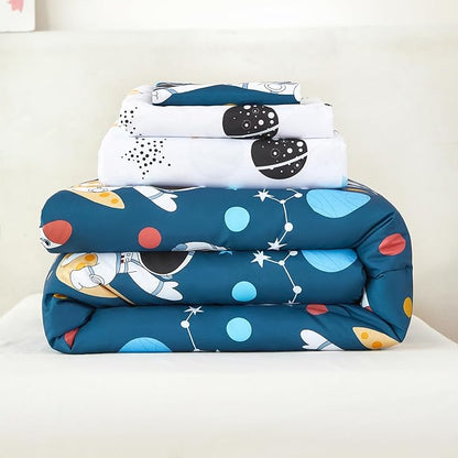 URBONUR 4-Piece Toddler Bedding Set for Boys Space Themed Rocket Astronaut Toddler Comforter Set with Sheets Soft Lightweight Perfect for Kids 2-6 Year Old Toddler Bed in a Bag