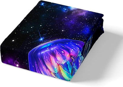 Castle Fairy Jellyfish Galaxy Duvet Cover Set Twin Size,Blue Nebula Spaceship Comforter Cover for Kids Boys Bedroom Xmas Gift,Universe Stars Planets Bedding Set with 1 Pillowcase (No Comforter Set)