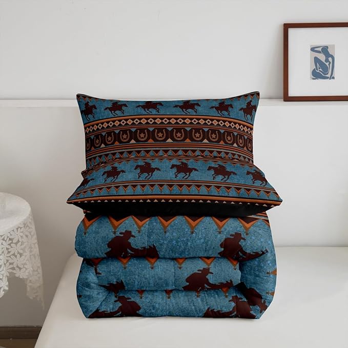 Feelyou Western Decor Comforter Set King Size Southwestern Native Aztec Comforter Horse Bedding Set Retro Exotic Boho Duvet Set Room Decor Dark Blue Quilt Set