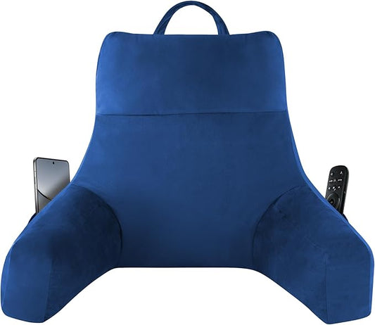 Reading Pillow with Arms for Adults, Back Pillow for Bed Sitting Up, Shredded Memory Foam Backrest Pillow with Pockets & Removable Washable Cover, Lounging, Watching TV, Reading(20inch Navy)