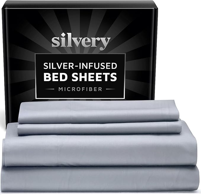 Silvery Silver Infused Bed Sheets Set - Ultra-Soft Temperature-Regulating Fabric with Self-Cleaning Technology™ That Stays Fresh 3X Longer for Hygienic Sleep (Gray, California King)