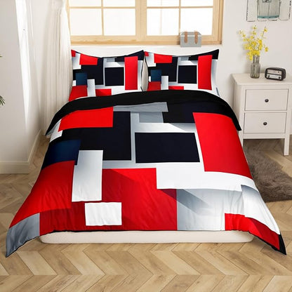 Castle Fairy 3D Geometric Duvet Cover Set Twin Size,Red Black Grey Abstract Square Comforter Cover for Kids Boys Bedroom Xmas Gift,Colorful Plaid Print Bedding Set with 1 Pillowcase Bedspread, Soft